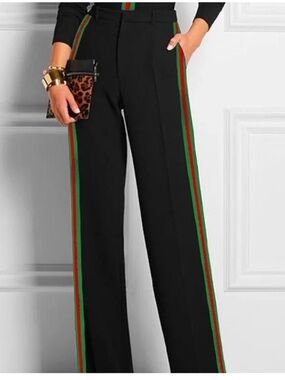 Uoozee Pants Trousers Black Skinny Contrast Color Green/ Red Striped Casual Sz M